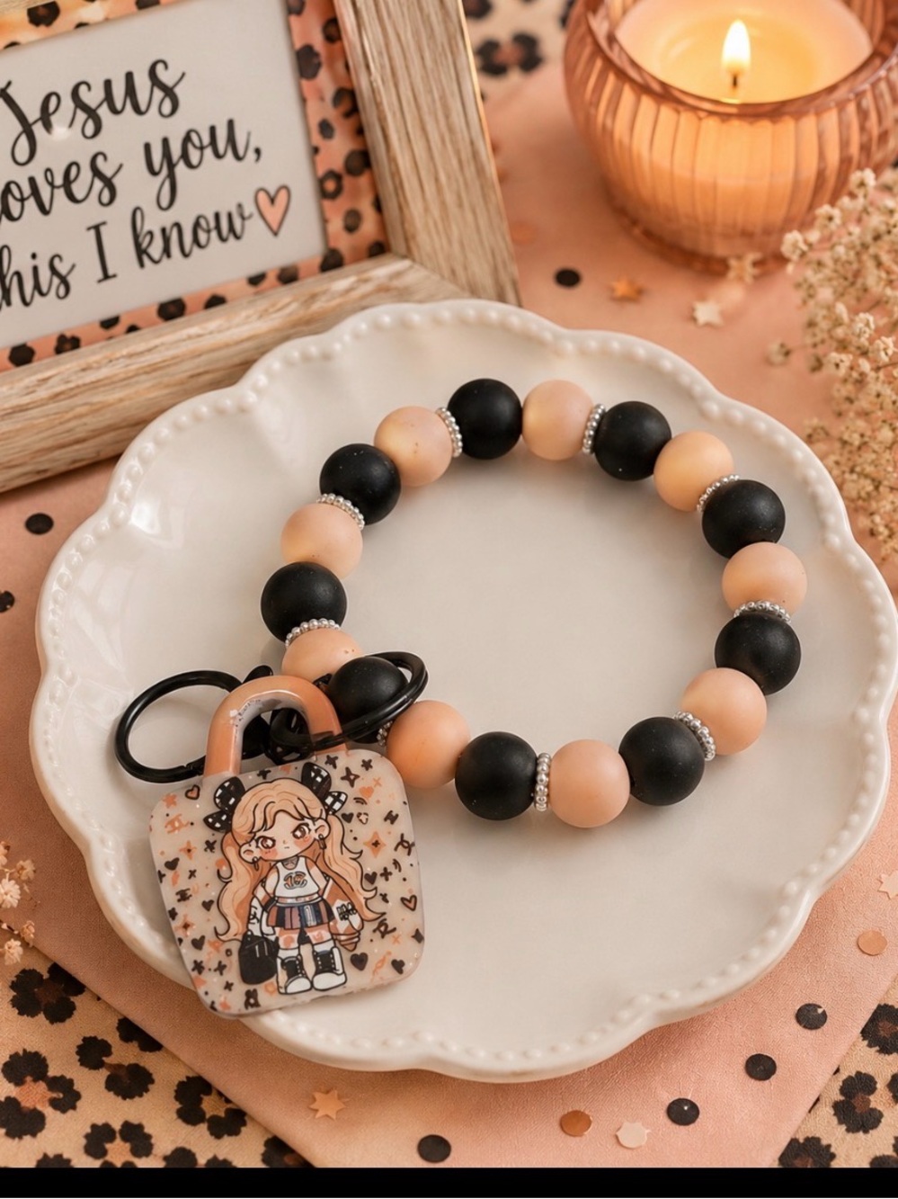 Handmade Black & Peach Beaded Wristlet Keychain with Character Charm